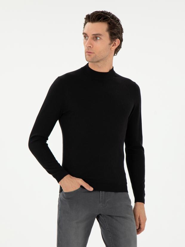 Siyah Slim Fit Kaşmir İpek Karışımlı Çeyrek Balıkçı Yaka Triko Kazak