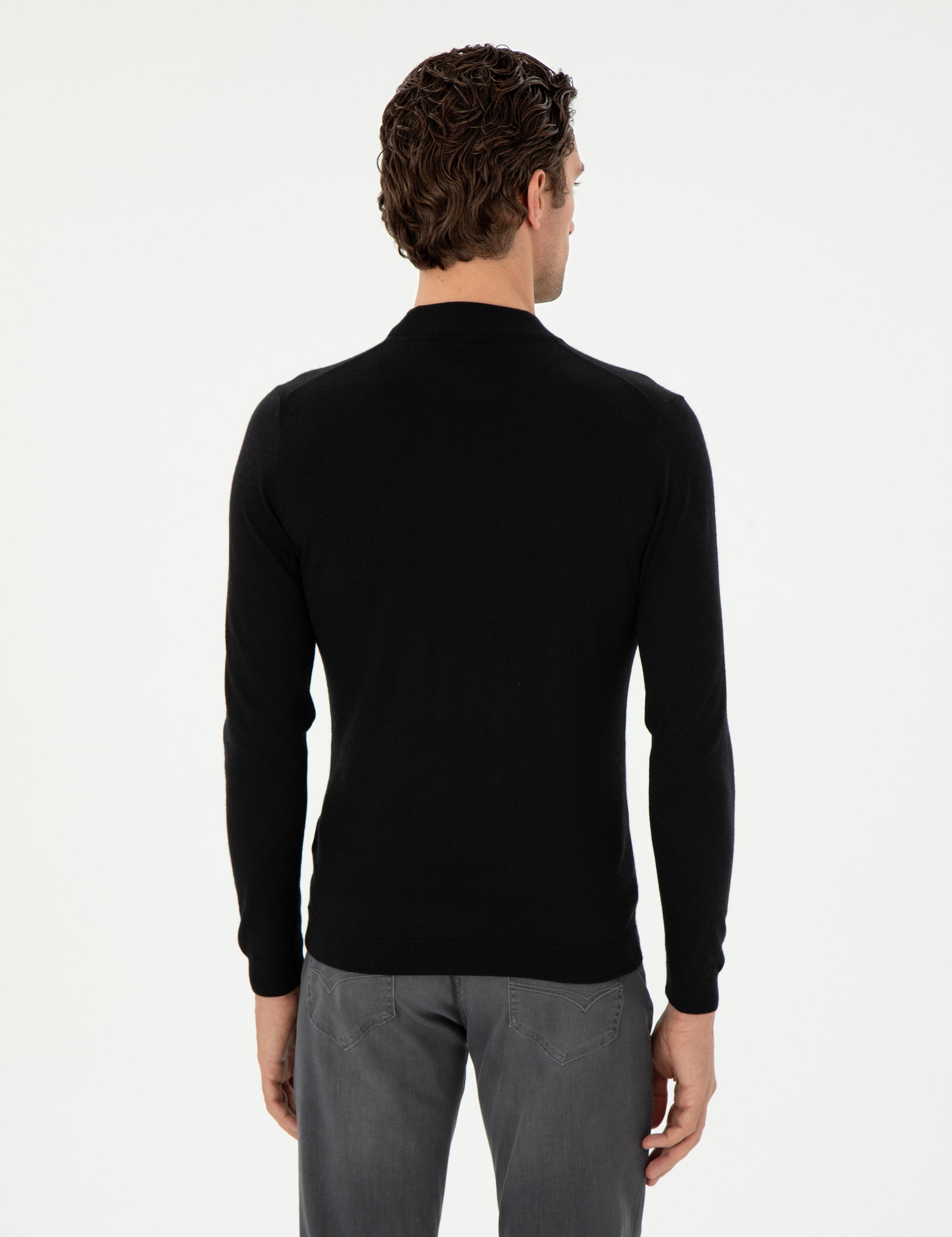 Siyah Slim Fit Kaşmir İpek Karışımlı Çeyrek Balıkçı Yaka Triko Kazak - 50296503014