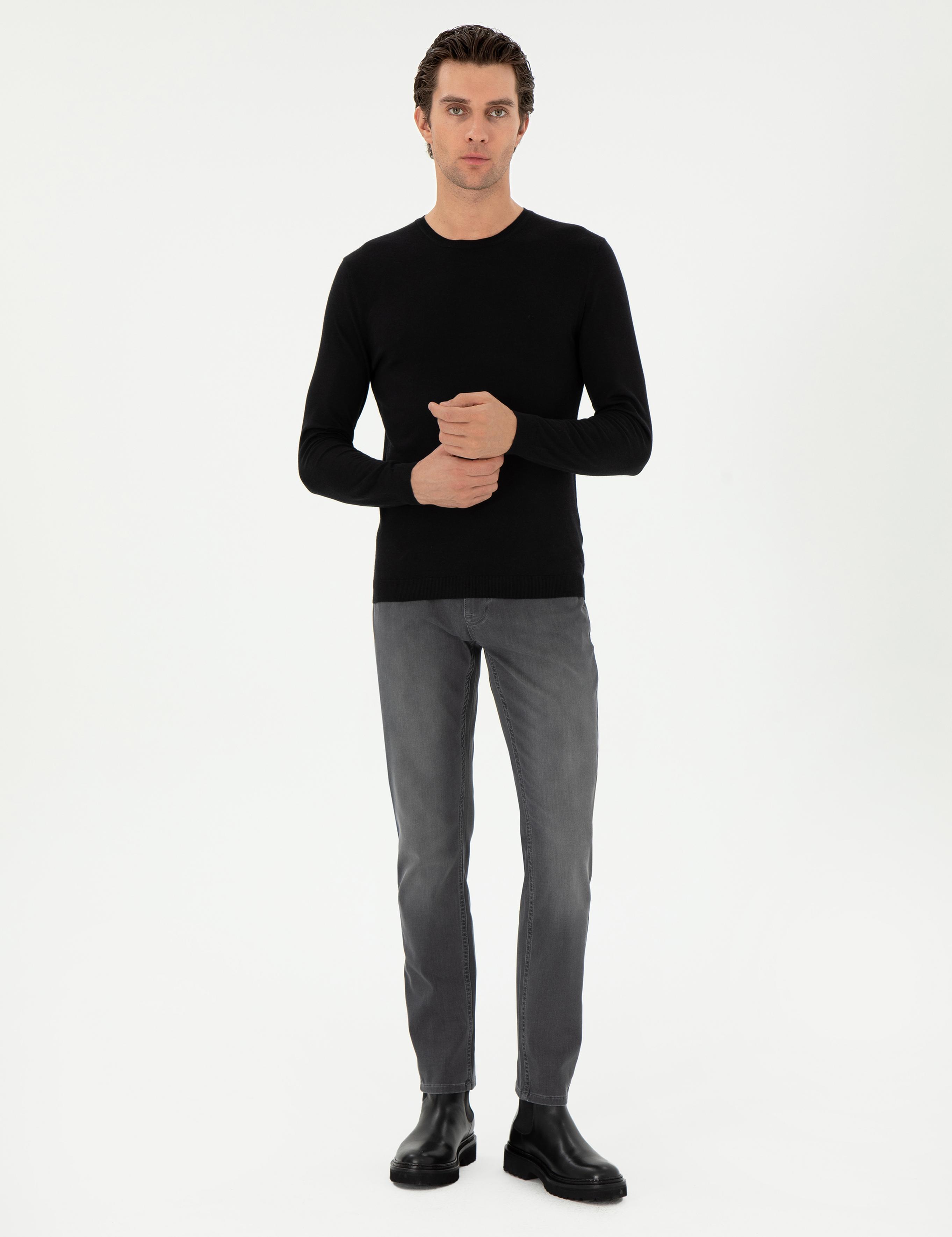 Siyah Slim Fit Kaşmir İpek Karışımlı Bisiklet Yaka Triko Kazak - 50293273011