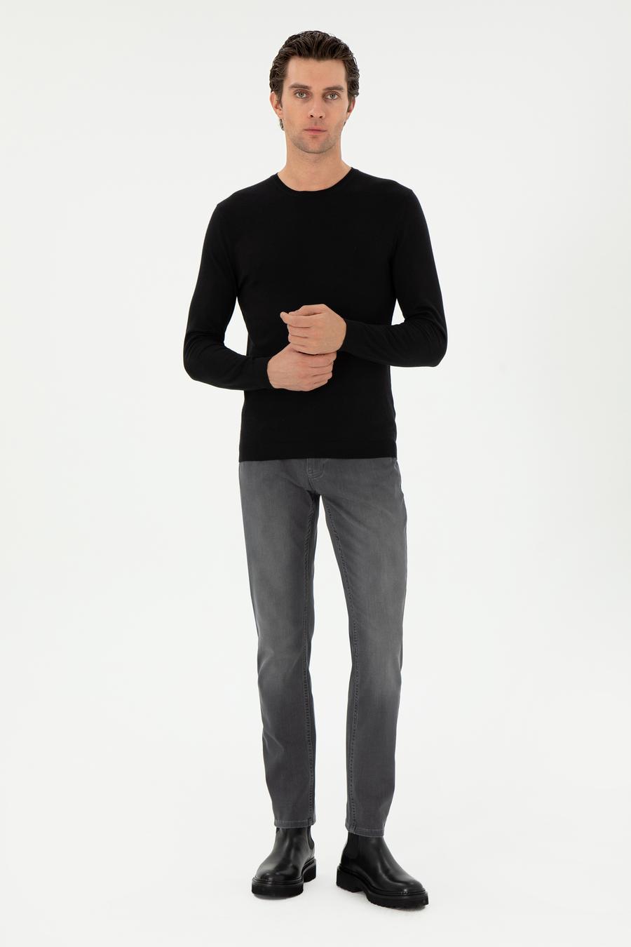 Siyah Slim Fit Kaşmir İpek Karışımlı Bisiklet Yaka Triko Kazak - 50293273011