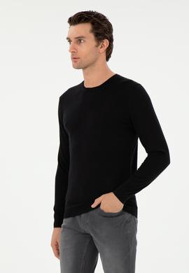 Siyah Slim Fit Kaşmir İpek Karışımlı Bisiklet Yaka Triko Kazak