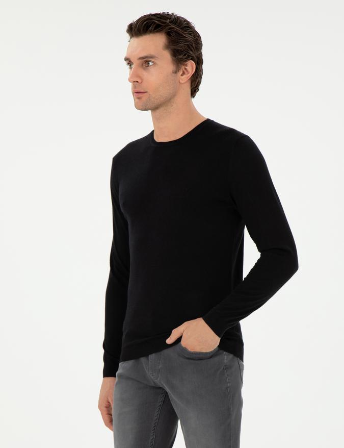 Siyah Slim Fit Kaşmir İpek Karışımlı Bisiklet Yaka Triko Kazak