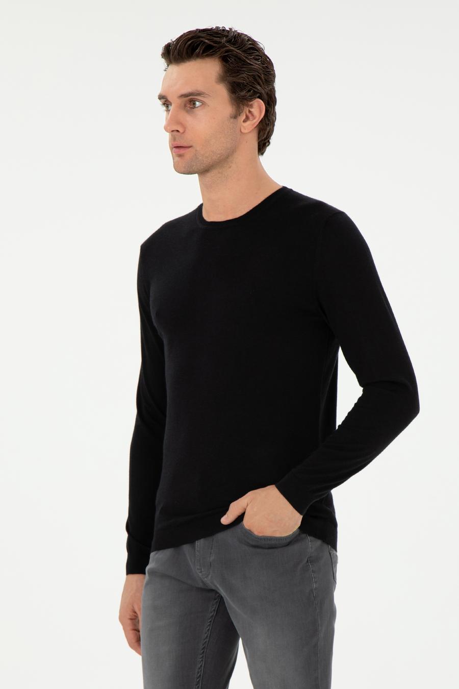 Siyah Slim Fit Kaşmir İpek Karışımlı Bisiklet Yaka Triko Kazak - 50293273011