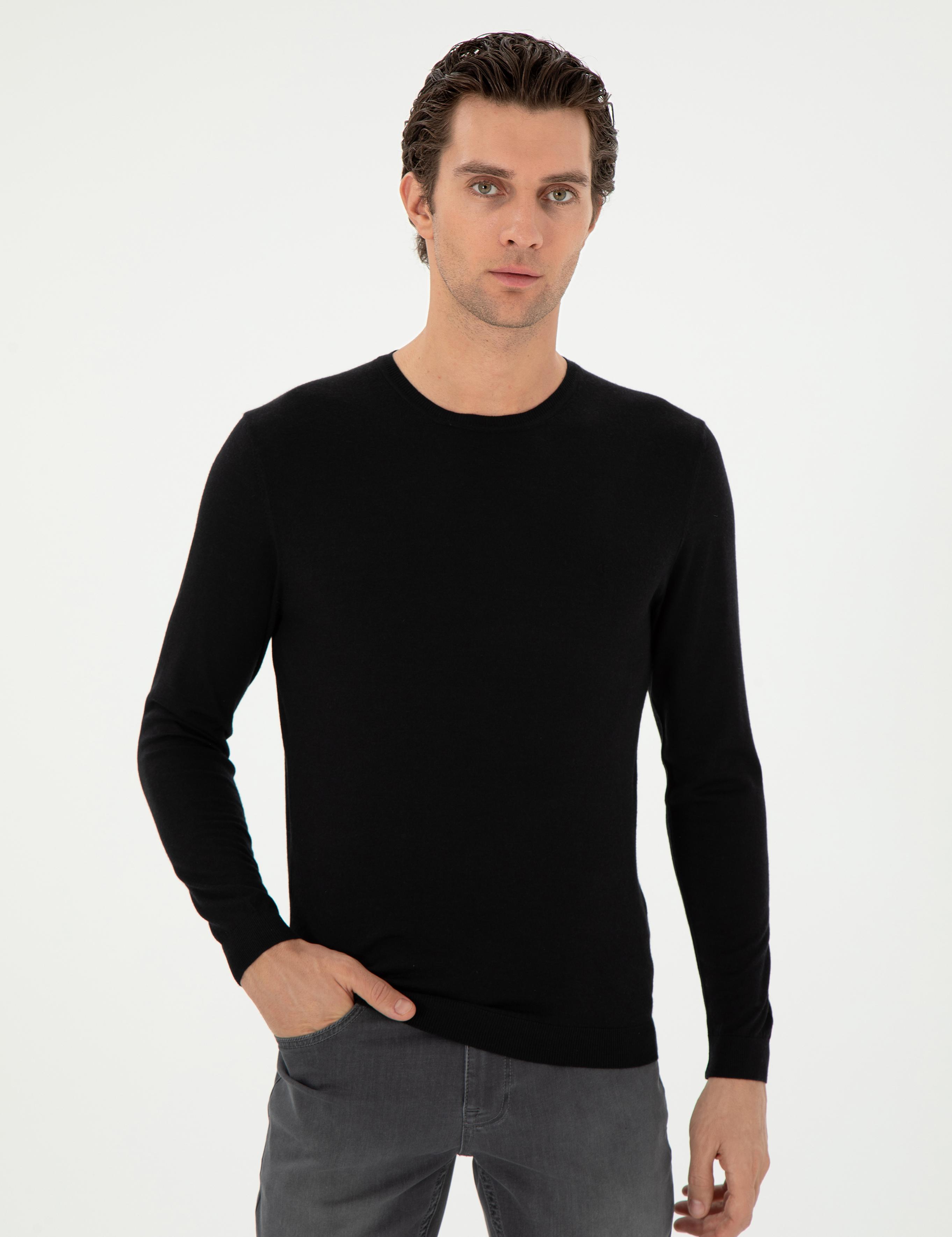Siyah Slim Fit Kaşmir İpek Karışımlı Bisiklet Yaka Triko Kazak - 50293273011
