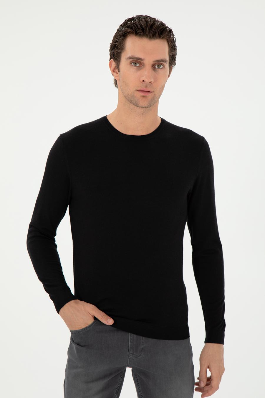 Siyah Slim Fit Kaşmir İpek Karışımlı Bisiklet Yaka Triko Kazak - 50293273011