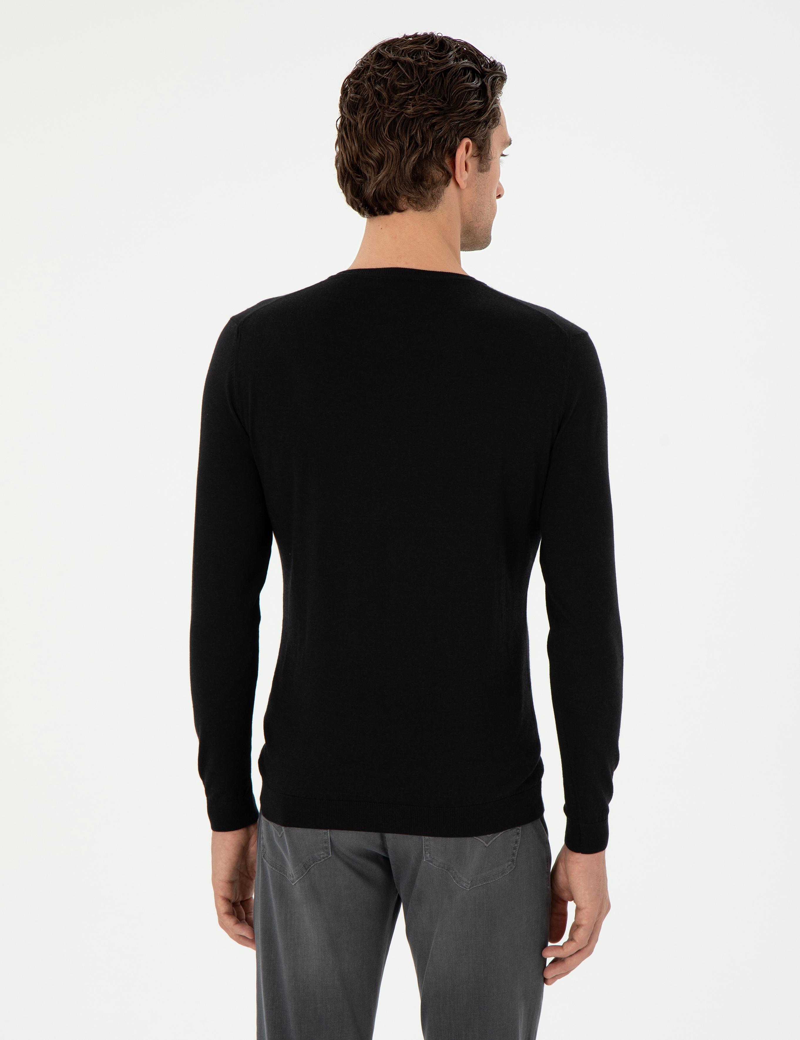 Siyah Slim Fit Kaşmir İpek Karışımlı Bisiklet Yaka Triko Kazak - 50293273011