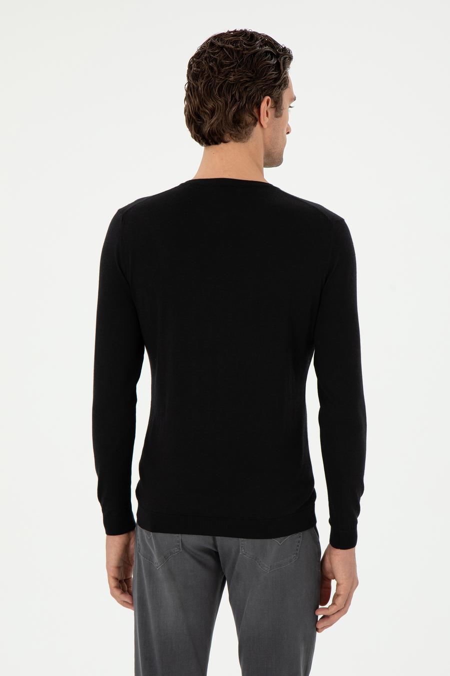 Siyah Slim Fit Kaşmir İpek Karışımlı Bisiklet Yaka Triko Kazak - 50293273011
