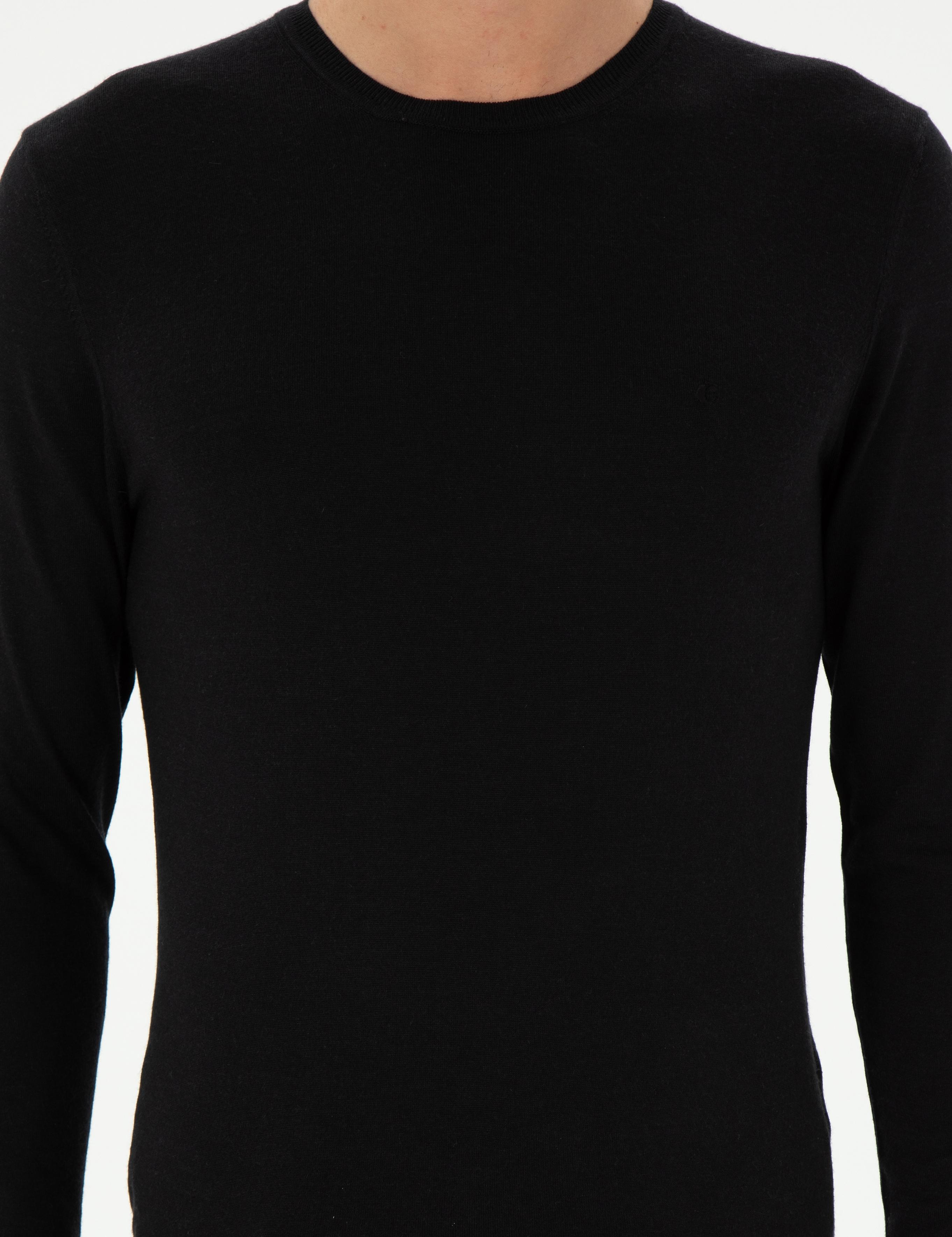 Siyah Slim Fit Kaşmir İpek Karışımlı Bisiklet Yaka Triko Kazak - 50293273011