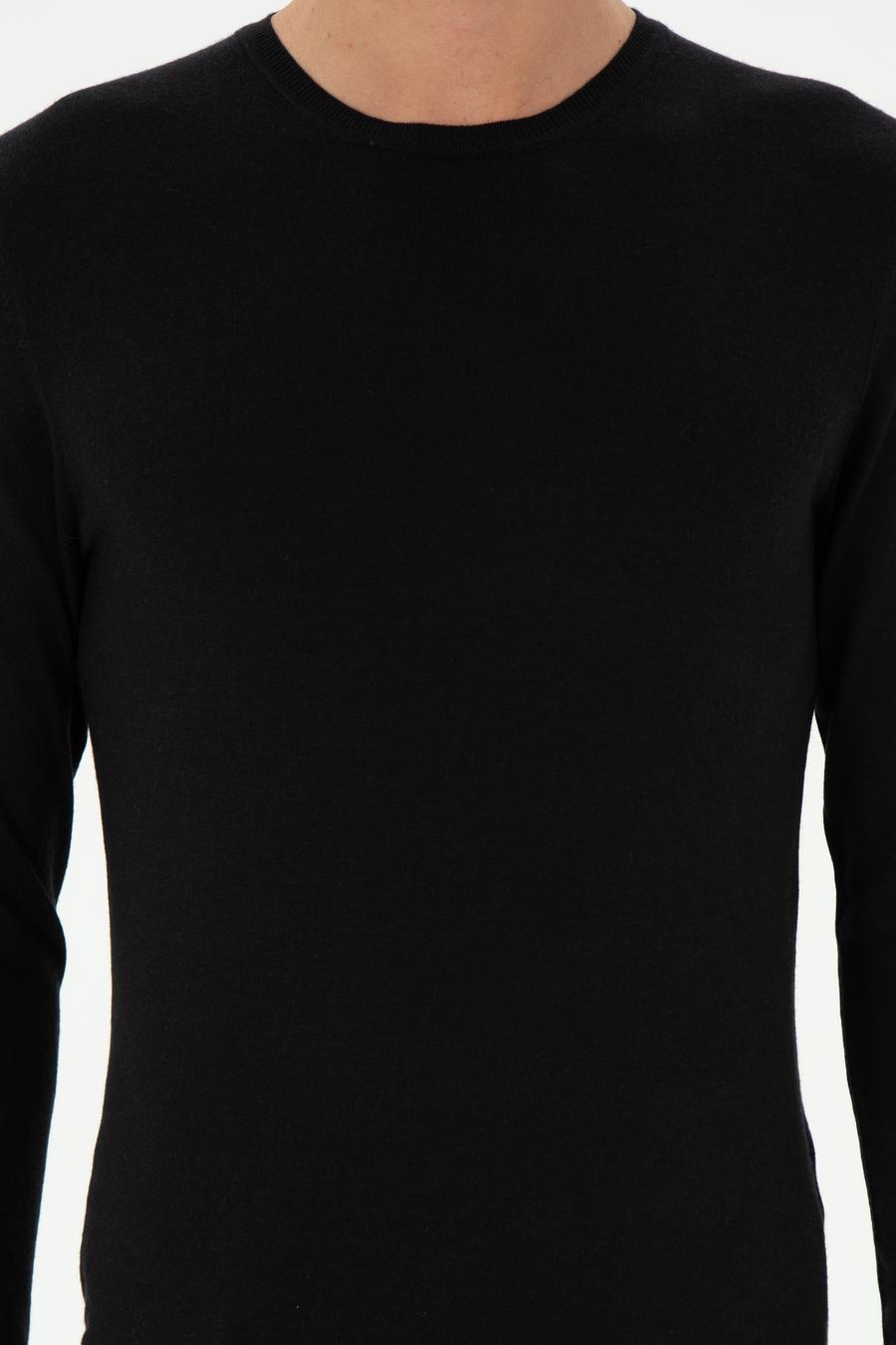 Siyah Slim Fit Kaşmir İpek Karışımlı Bisiklet Yaka Triko Kazak - 50293273011