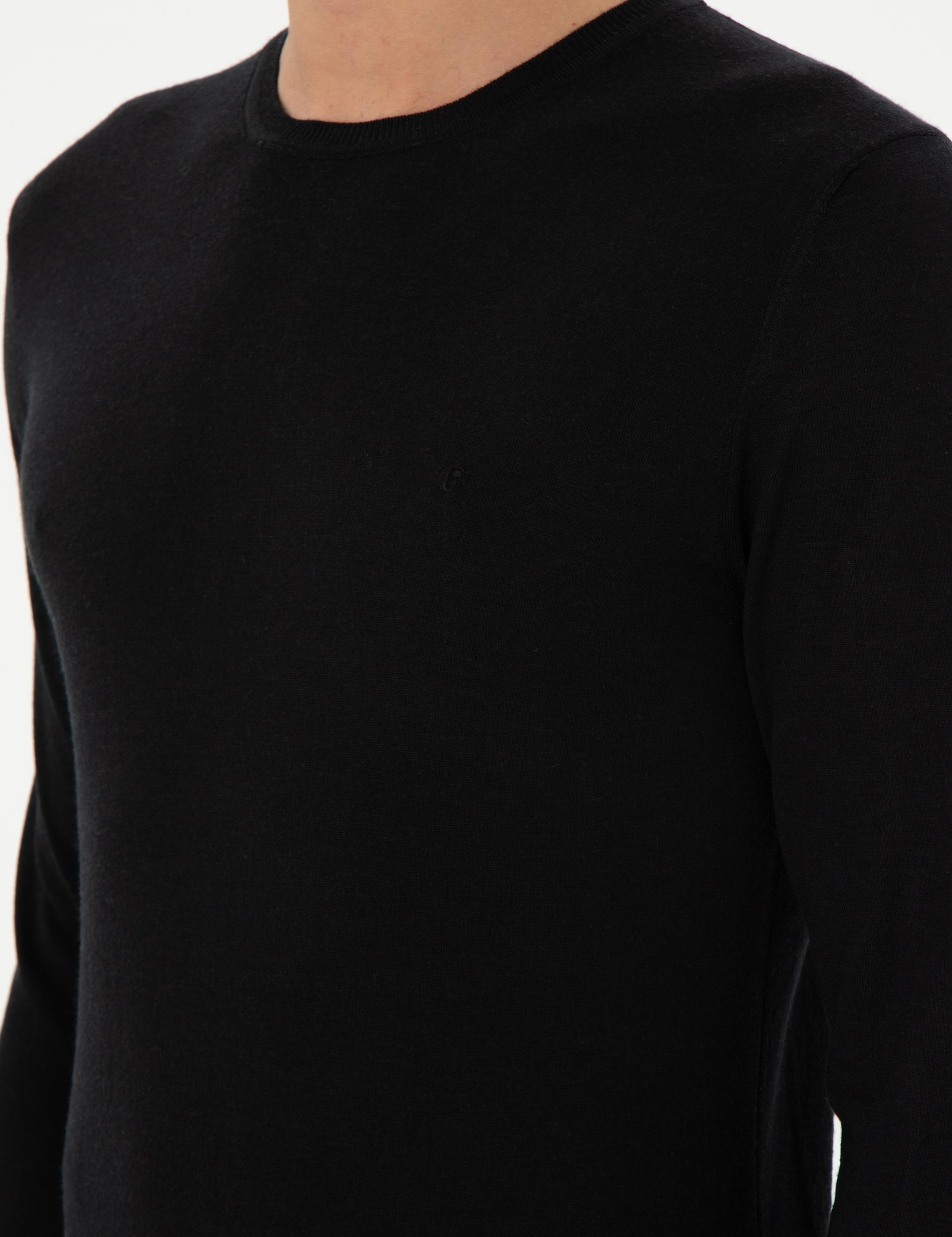 Siyah Slim Fit Kaşmir İpek Karışımlı Bisiklet Yaka Triko Kazak - 50293273011
