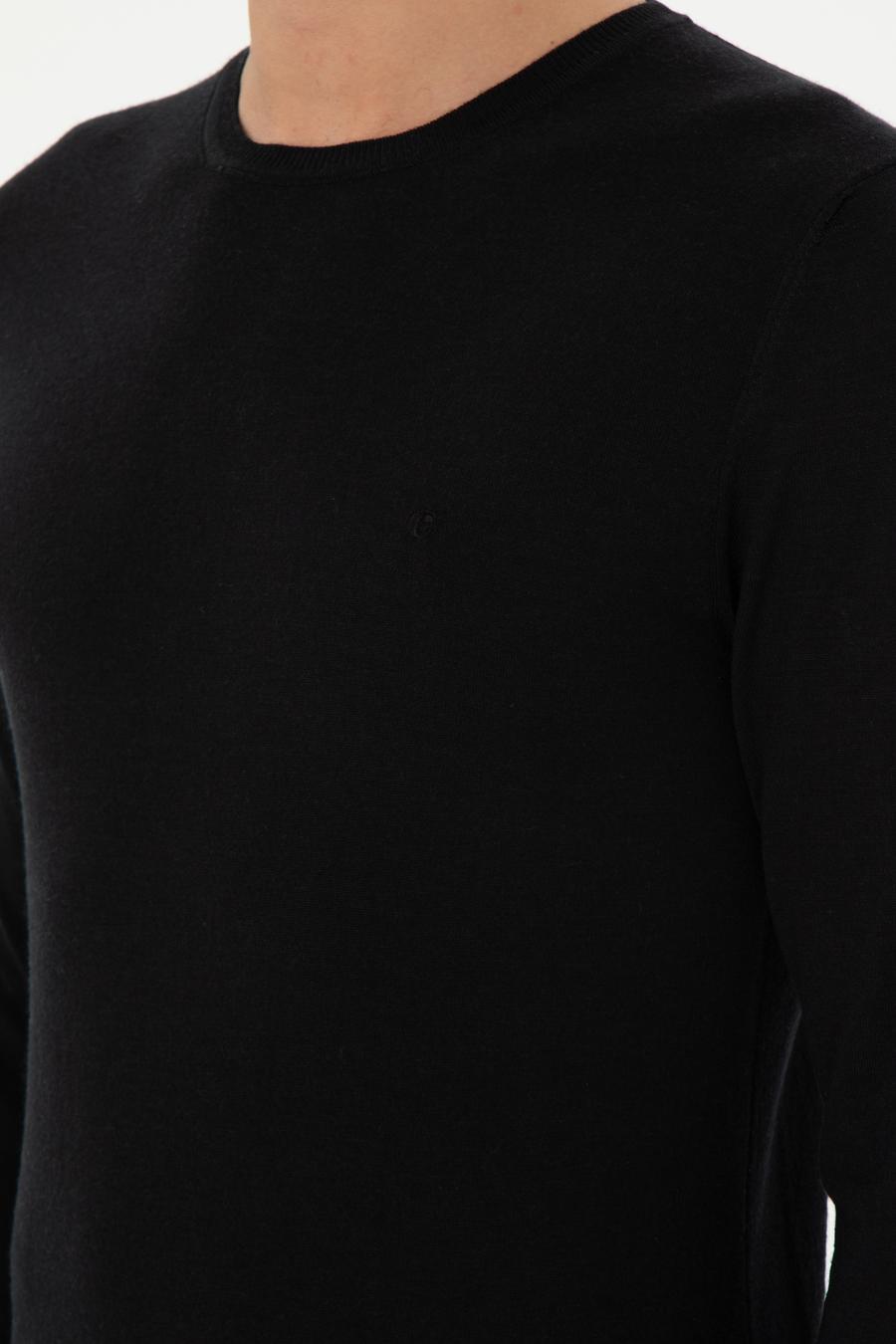 Siyah Slim Fit Kaşmir İpek Karışımlı Bisiklet Yaka Triko Kazak - 50293273011