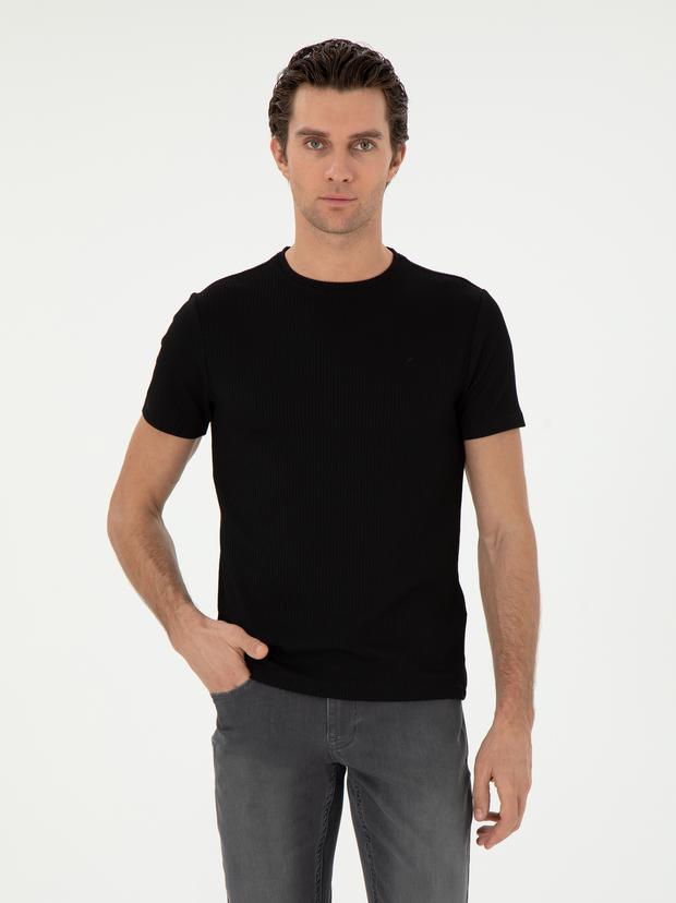 Siyah Slim Fit Çizgi Dokulu Bisiklet Yaka T-shirt