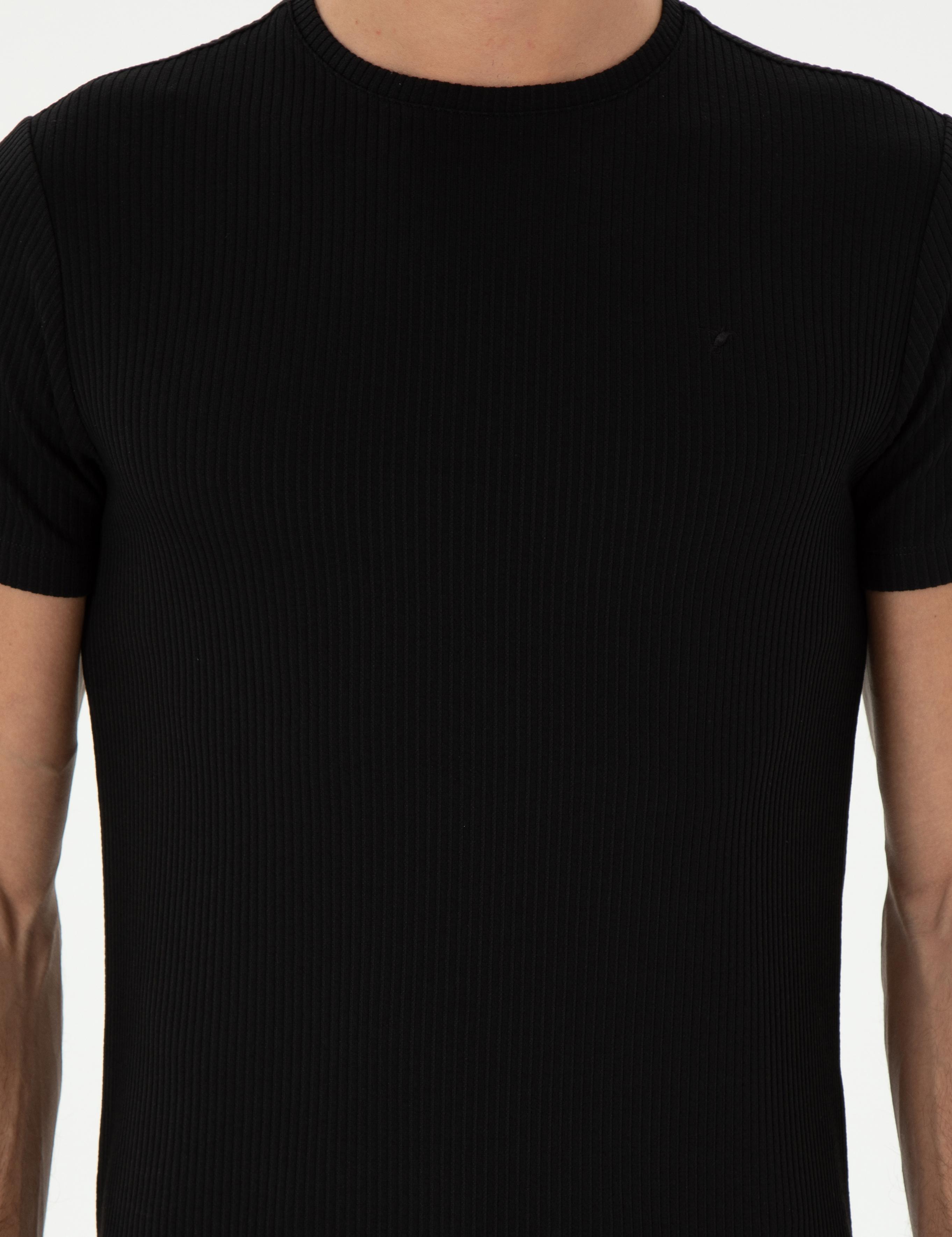Siyah Slim Fit Çizgi Dokulu Bisiklet Yaka T-shirt - 50303372017