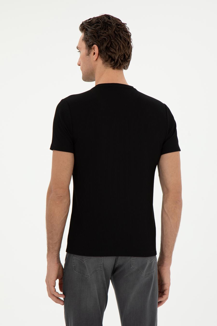 Siyah Slim Fit Çizgi Dokulu Bisiklet Yaka T-shirt - 50303372017