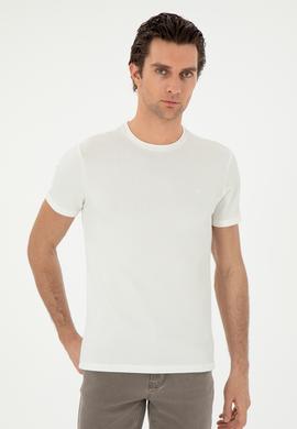 Beyaz Slim Fit Çizgi Dokulu Bisiklet Yaka T-shirt