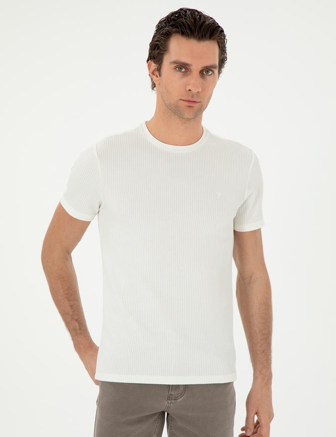 Beyaz Slim Fit Çizgi Dokulu Bisiklet Yaka T-shirt