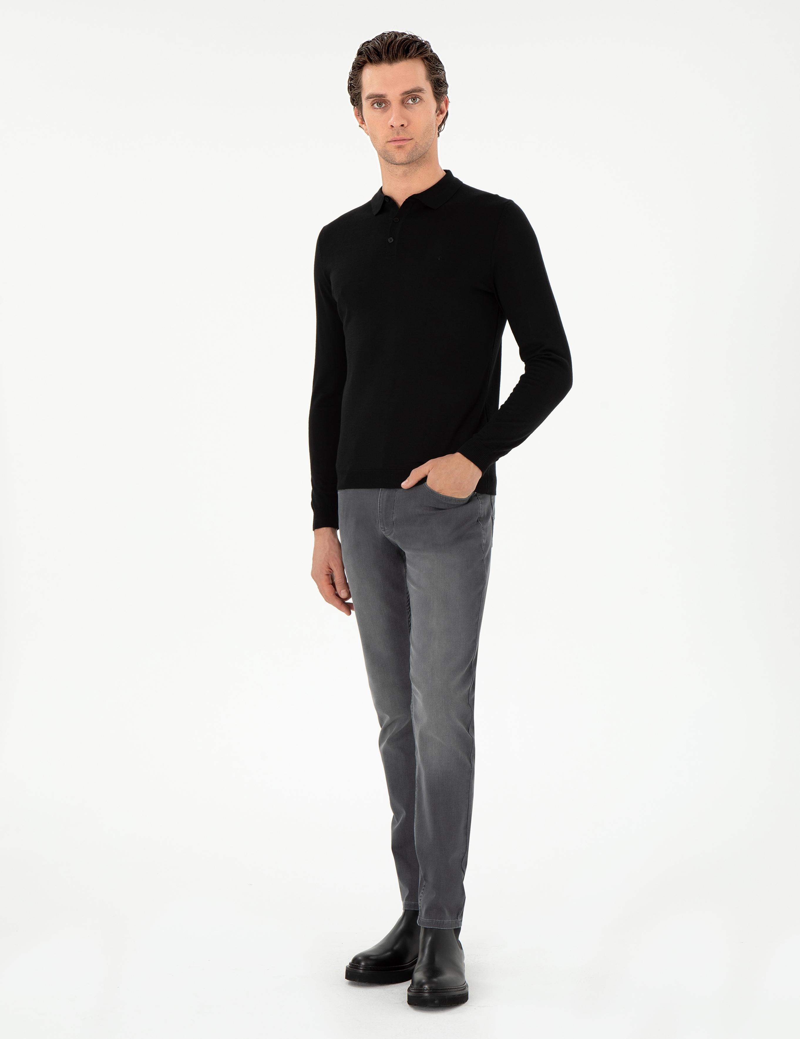 Siyah Slim Fit Yün Karışımlı Polo Yaka Basic Triko Kazak - 50293274036