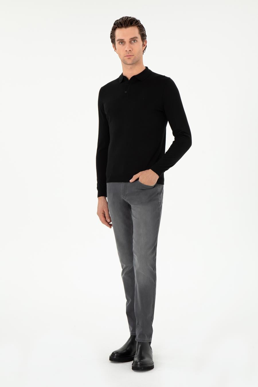 Siyah Slim Fit Yün Karışımlı Polo Yaka Basic Triko Kazak - 50293274036