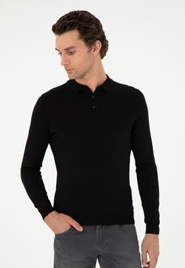 Siyah Slim Fit Yün Karışımlı Polo Yaka Basic Triko Kazak