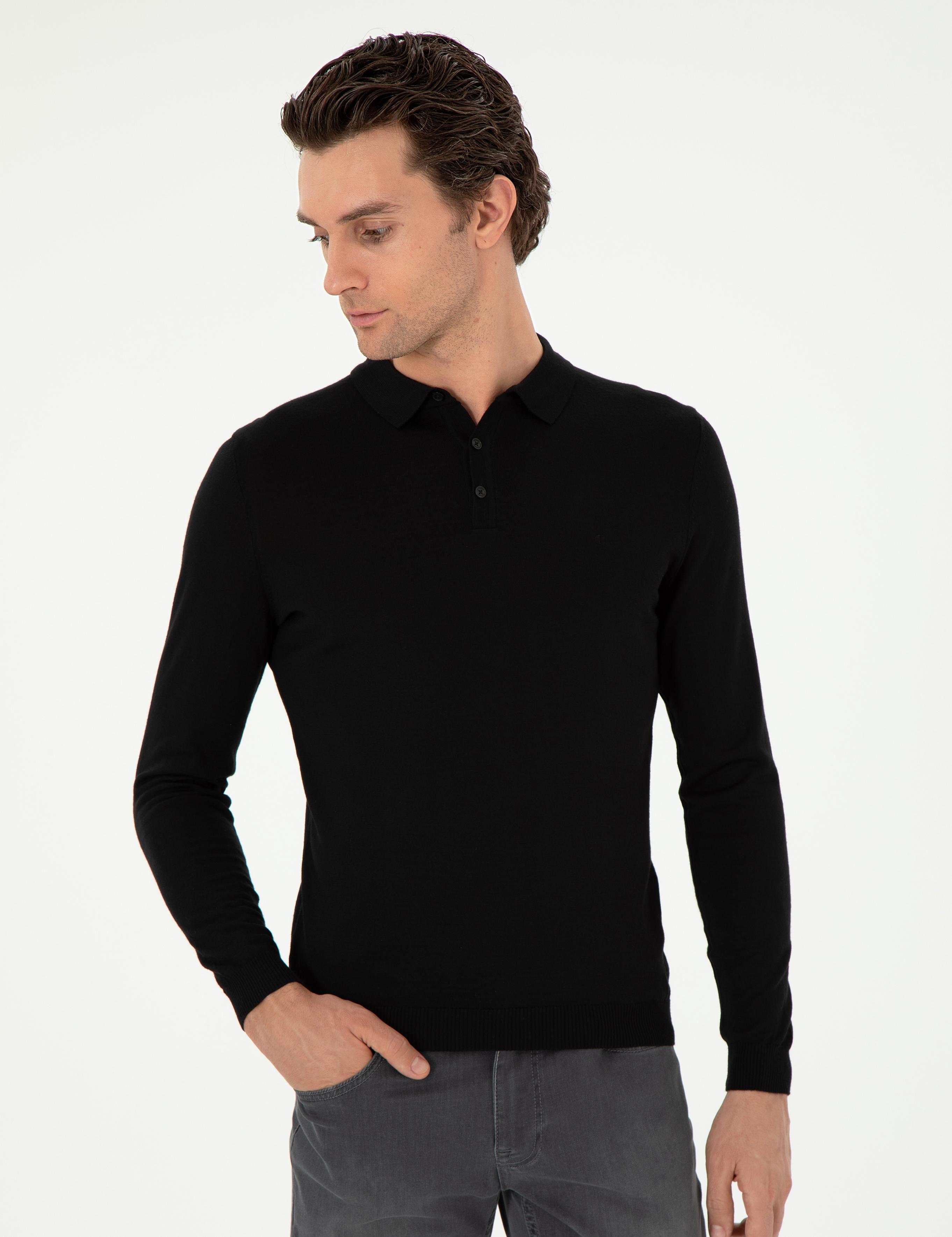Siyah Slim Fit Yün Karışımlı Polo Yaka Basic Triko Kazak - 50293274036