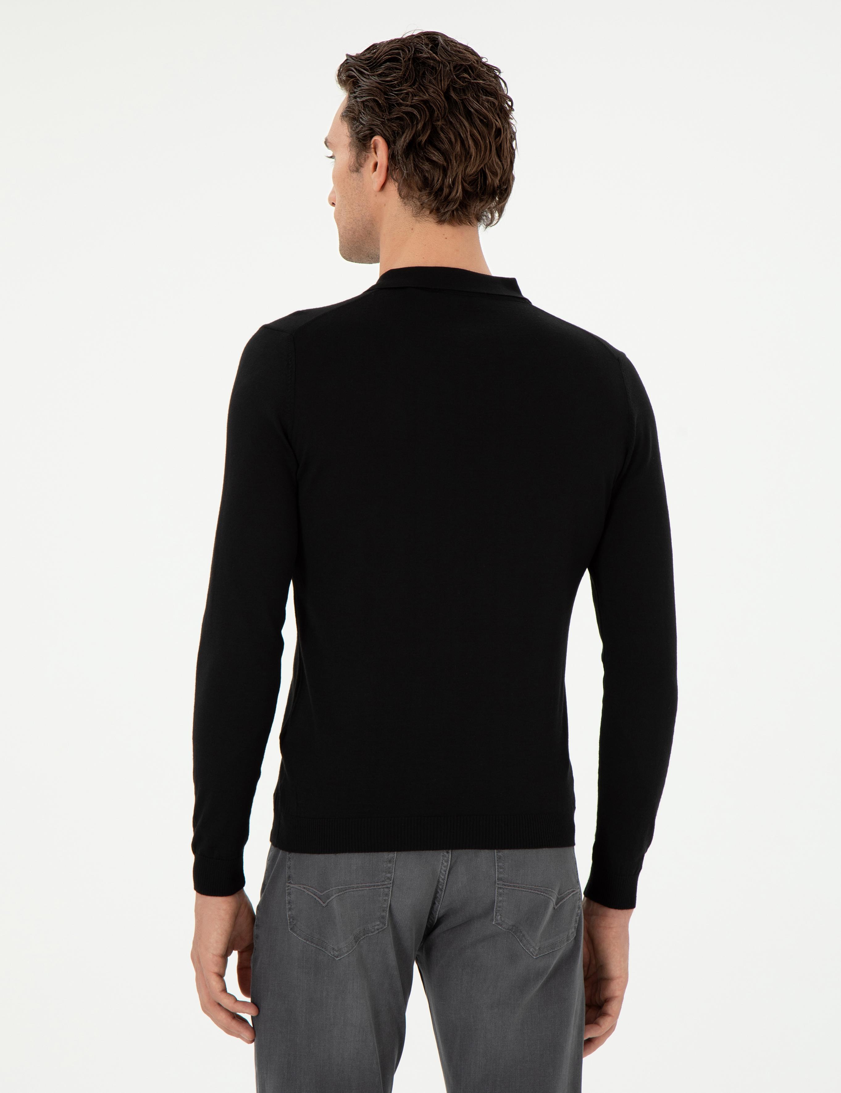 Siyah Slim Fit Yün Karışımlı Polo Yaka Basic Triko Kazak - 50293274036