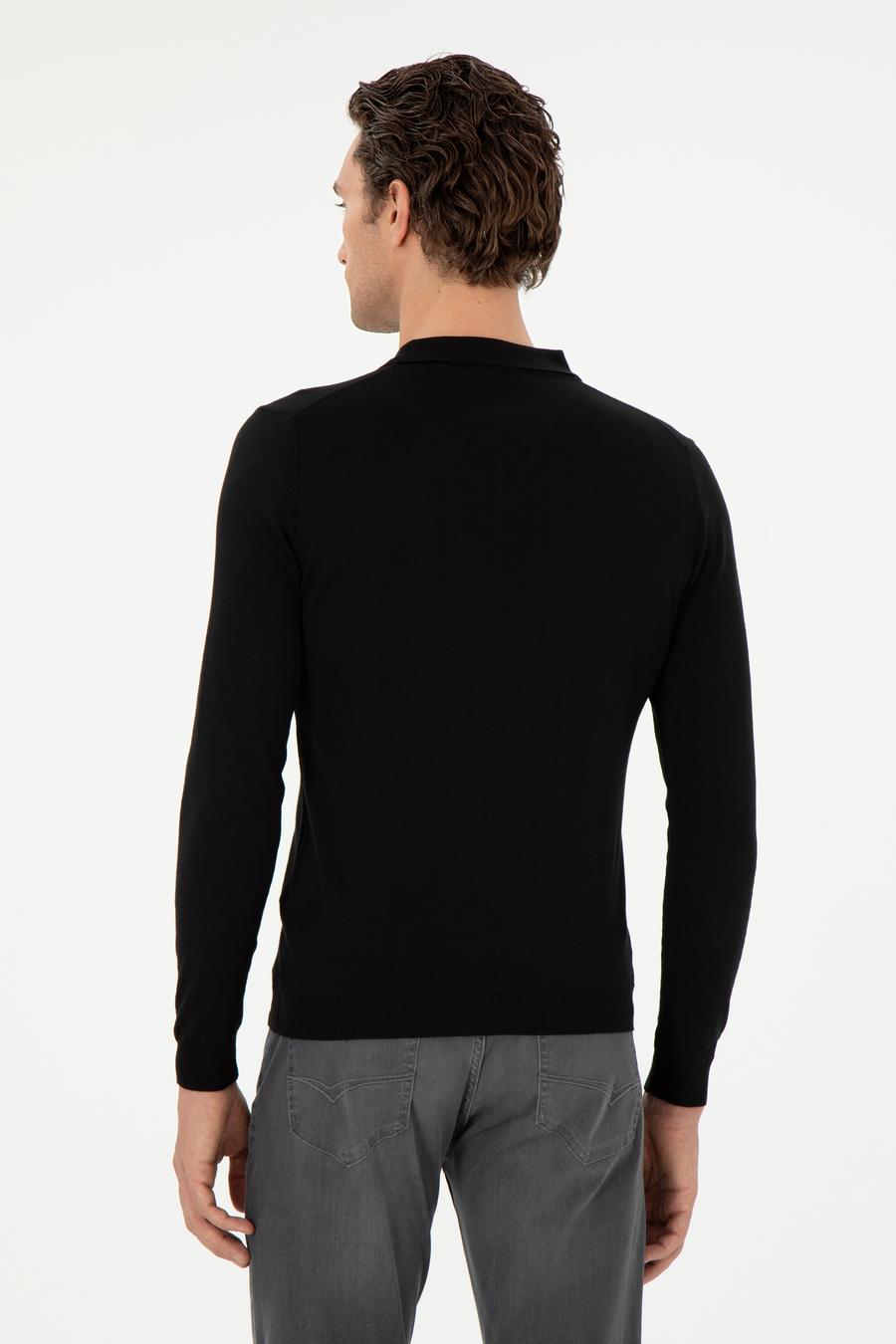 Siyah Slim Fit Yün Karışımlı Polo Yaka Basic Triko Kazak - 50293274036