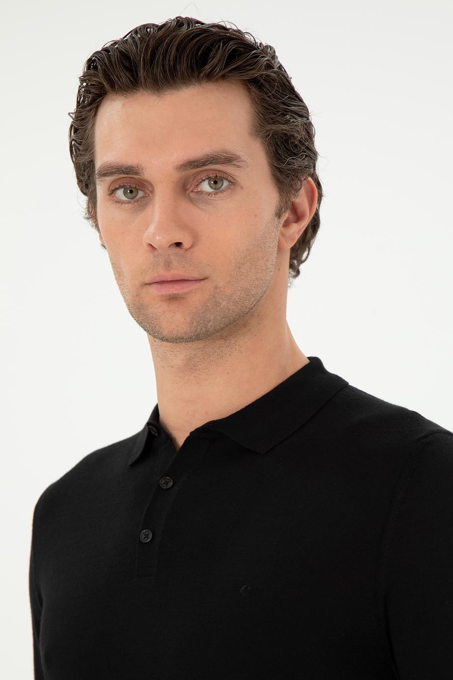 Siyah Slim Fit Yün Karışımlı Polo Yaka Basic Triko Kazak - 50293274036