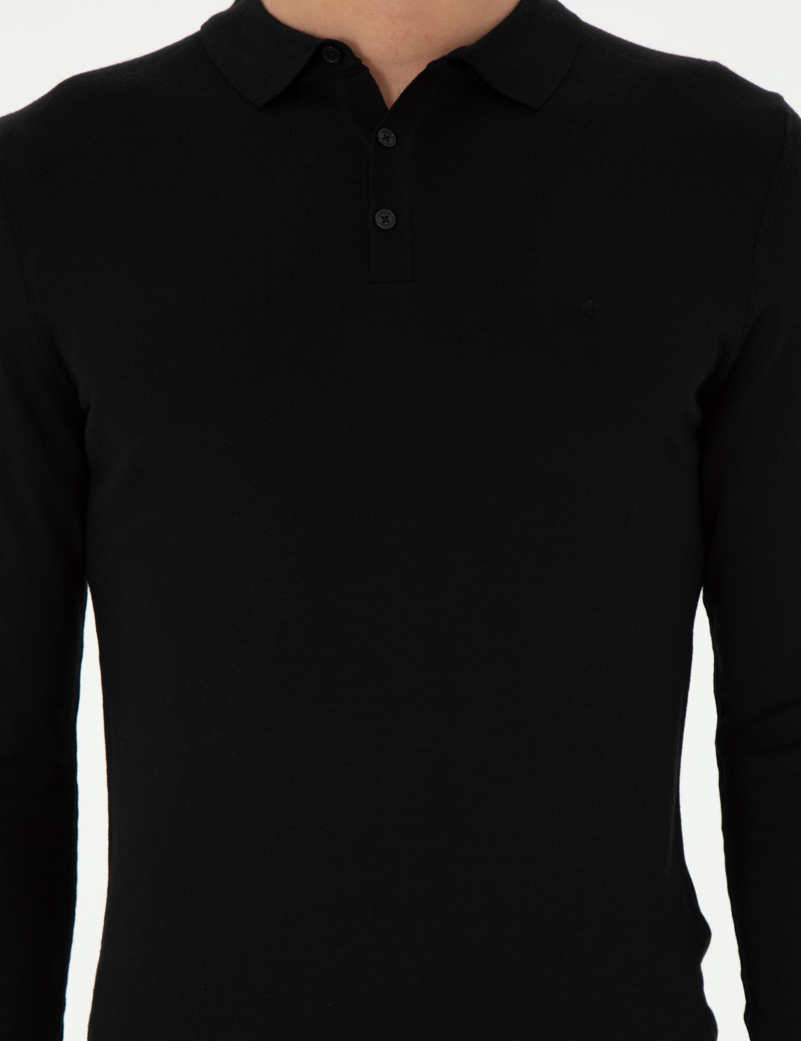Siyah Slim Fit Yün Karışımlı Polo Yaka Basic Triko Kazak - 50293274036