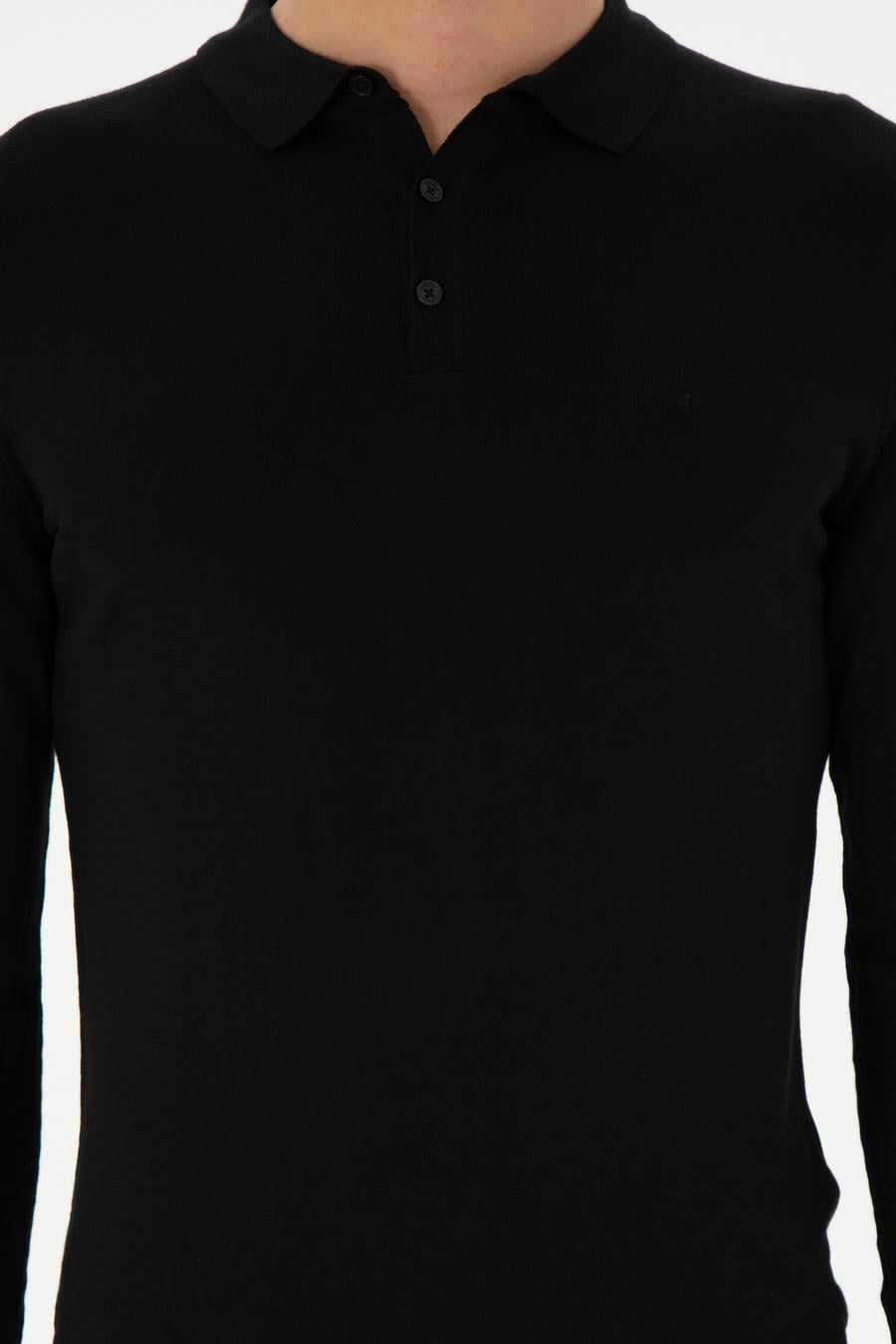 Siyah Slim Fit Yün Karışımlı Polo Yaka Basic Triko Kazak - 50293274036