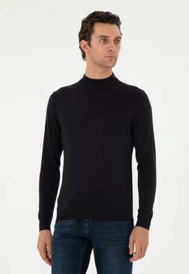 Lacivert Slim Fit Kaşmir İpek Karışımlı Çeyrek Balıkçı Yaka Triko Kazak