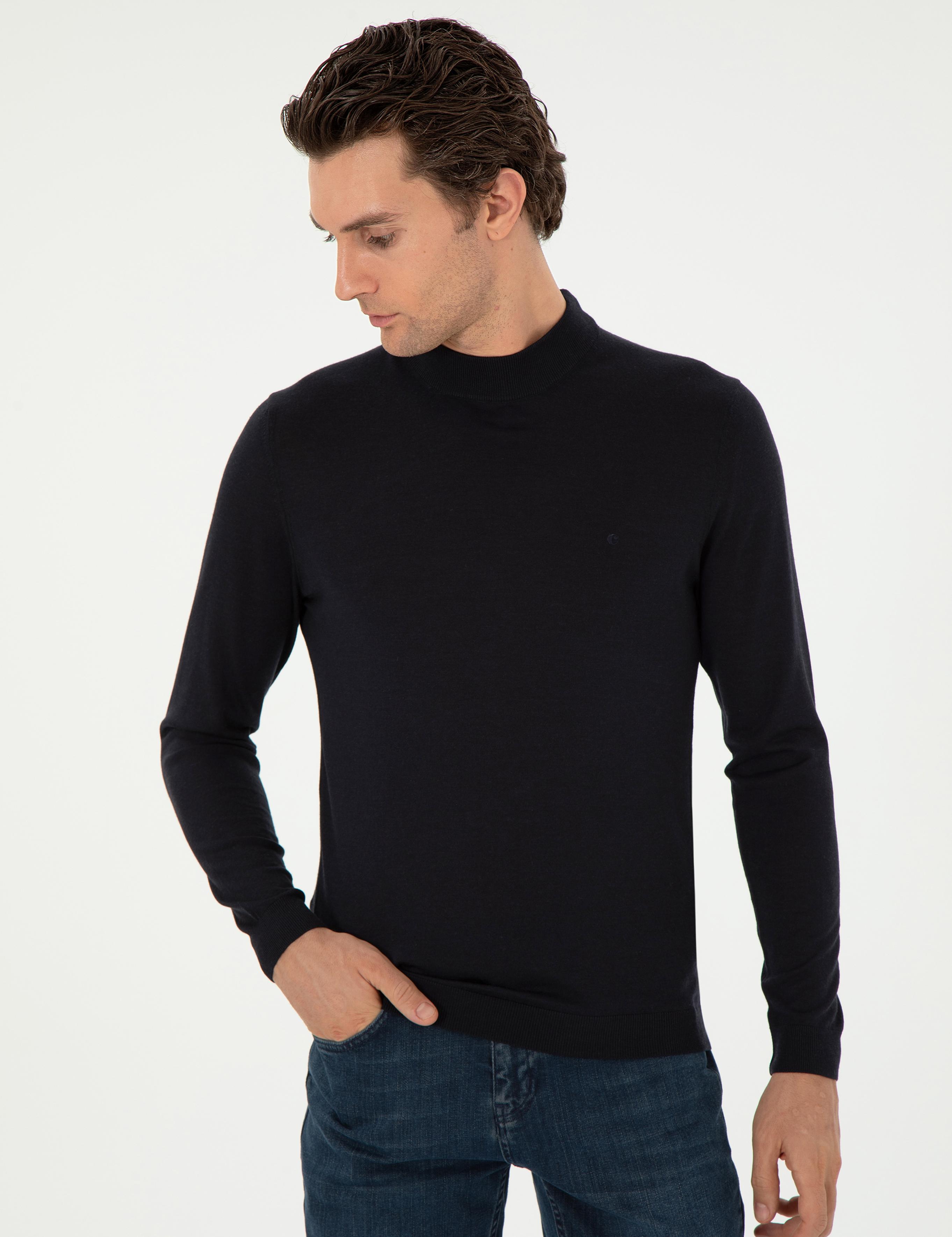 Lacivert Slim Fit Kaşmir İpek Karışımlı Çeyrek Balıkçı Yaka Triko Kazak - 50296503001