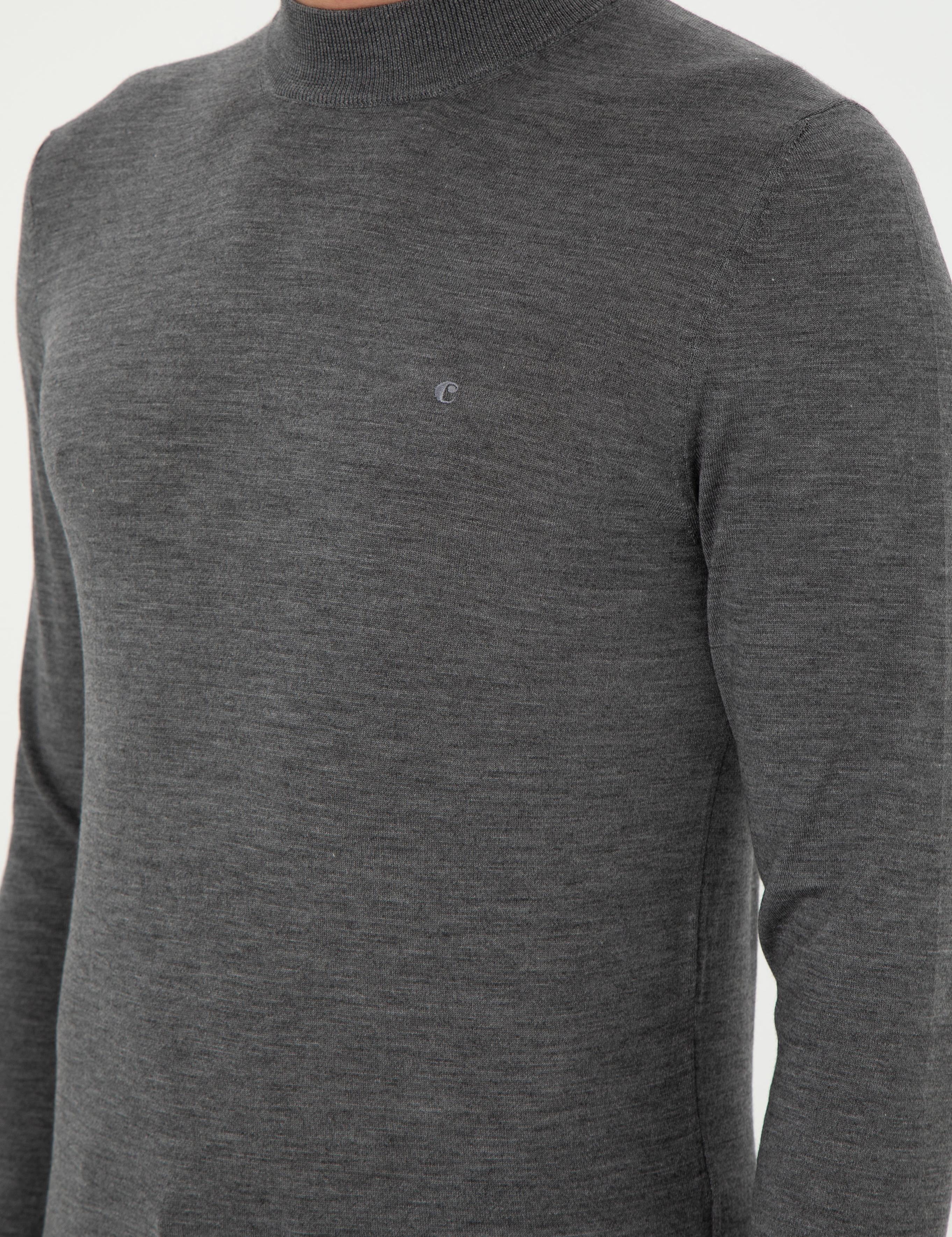Gri Slim Fit Kaşmir İpek Karışımlı Çeyrek Balıkçı Yaka Triko Kazak - 50296503022