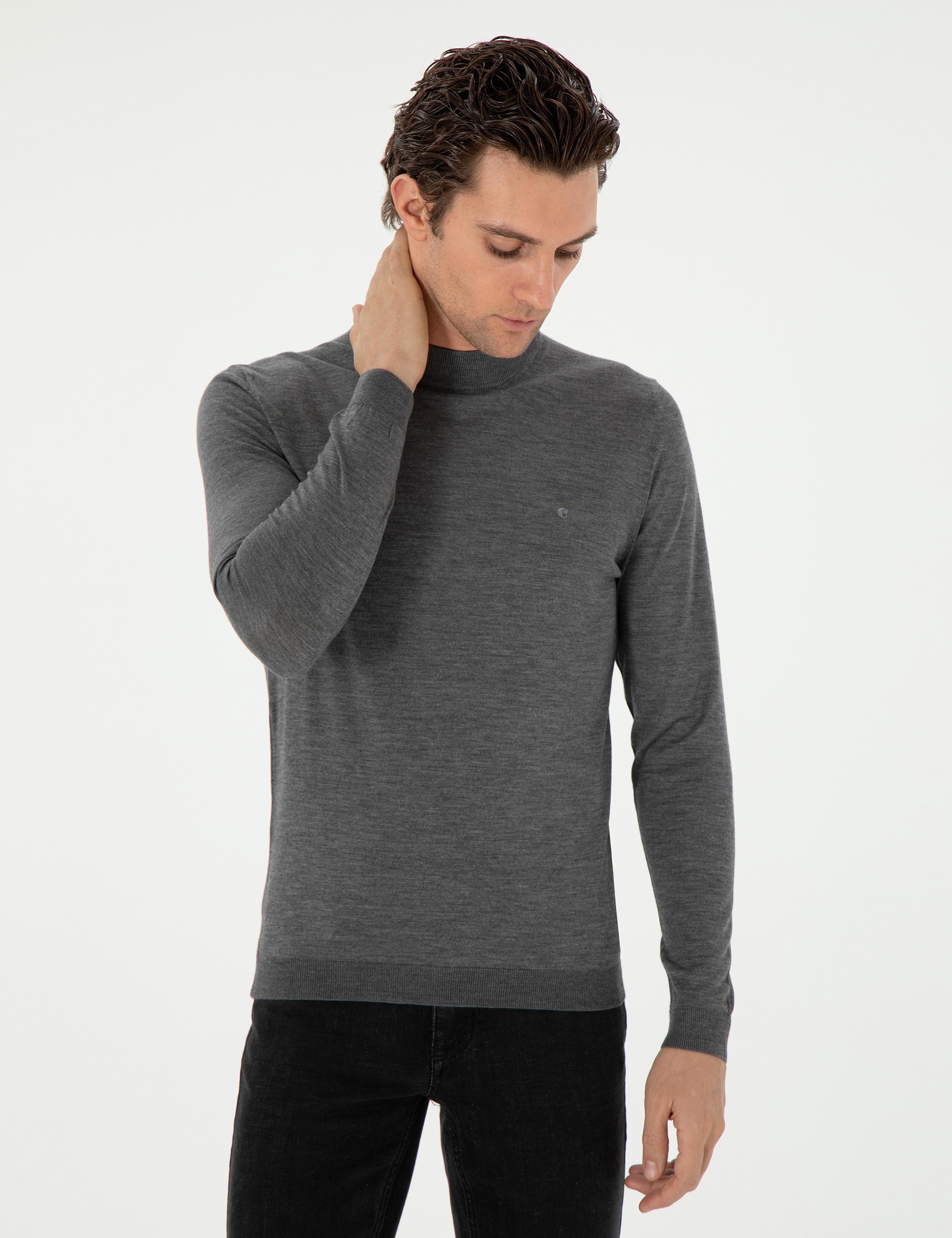 Gri Slim Fit Kaşmir İpek Karışımlı Çeyrek Balıkçı Yaka Triko Kazak - 50296503022
