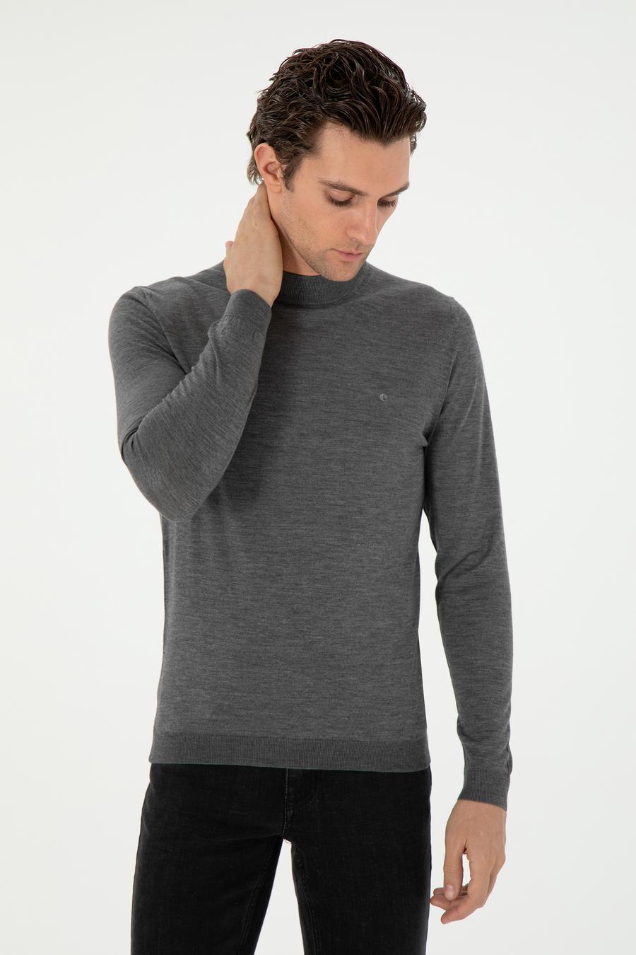 Gri Slim Fit Kaşmir İpek Karışımlı Çeyrek Balıkçı Yaka Triko Kazak - 50296503022