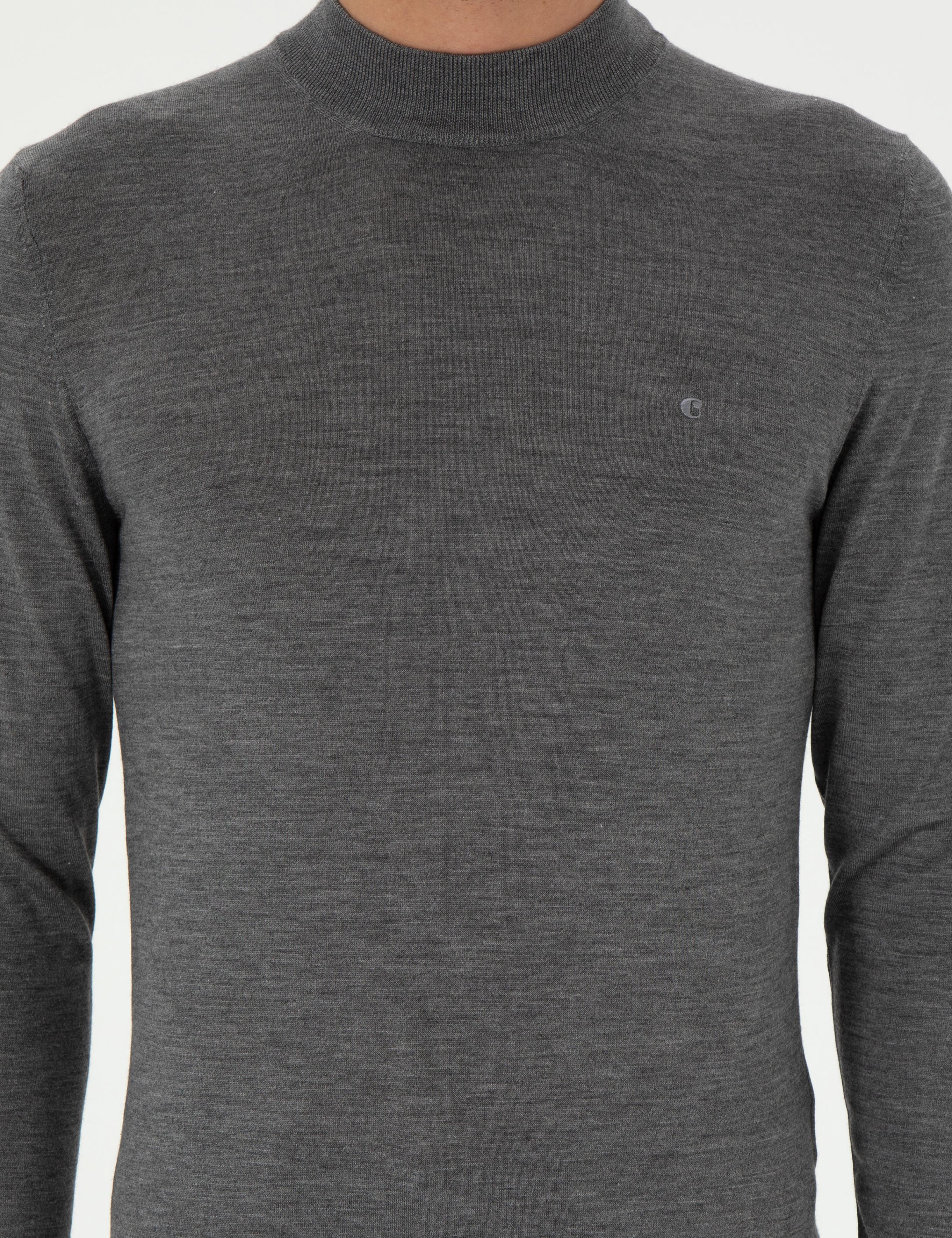 Gri Slim Fit Kaşmir İpek Karışımlı Çeyrek Balıkçı Yaka Triko Kazak - 50296503022
