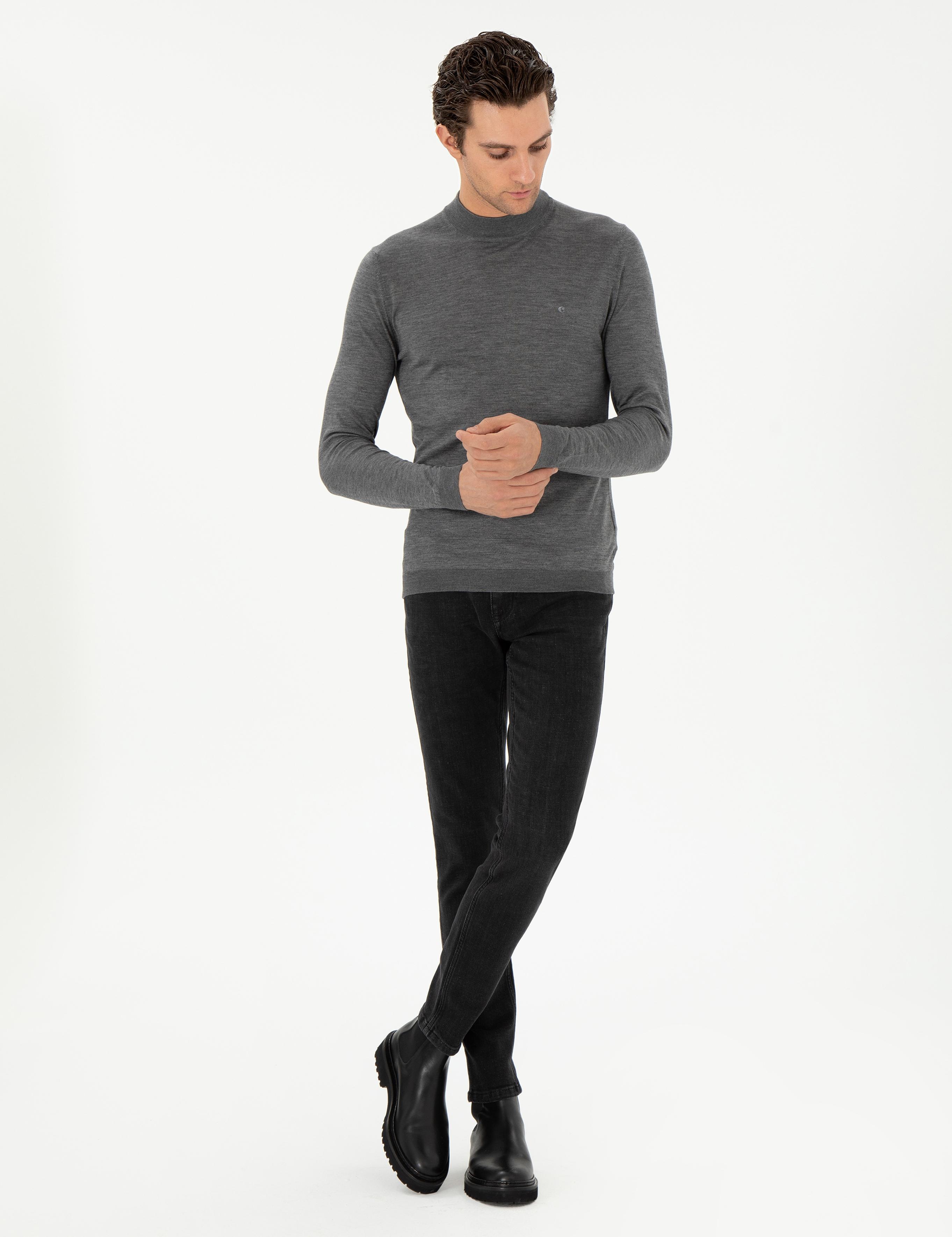 Gri Slim Fit Kaşmir İpek Karışımlı Çeyrek Balıkçı Yaka Triko Kazak - 50296503022