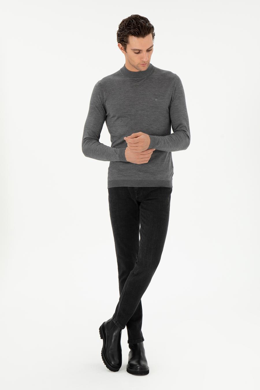 Gri Slim Fit Kaşmir İpek Karışımlı Çeyrek Balıkçı Yaka Triko Kazak - 50296503022