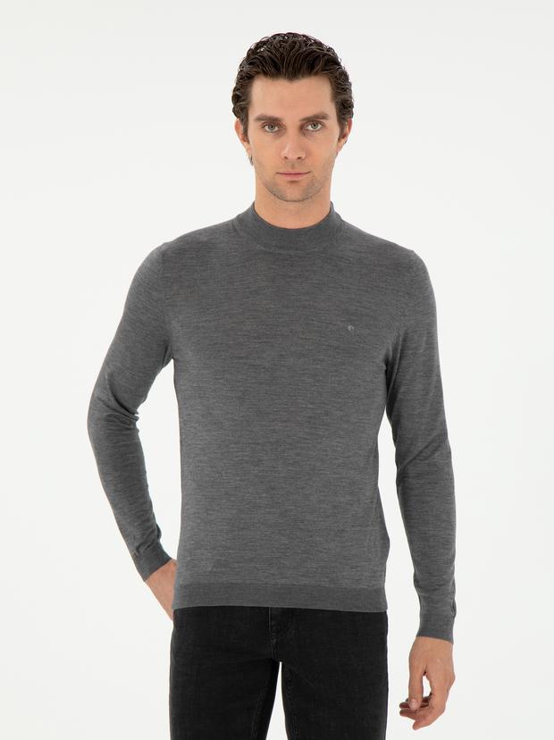 Gri Slim Fit Kaşmir İpek Karışımlı Çeyrek Balıkçı Yaka Triko Kazak