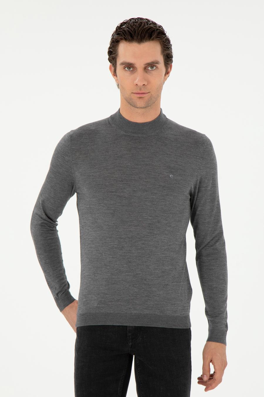 Gri Slim Fit Kaşmir İpek Karışımlı Çeyrek Balıkçı Yaka Triko Kazak - 50296503022