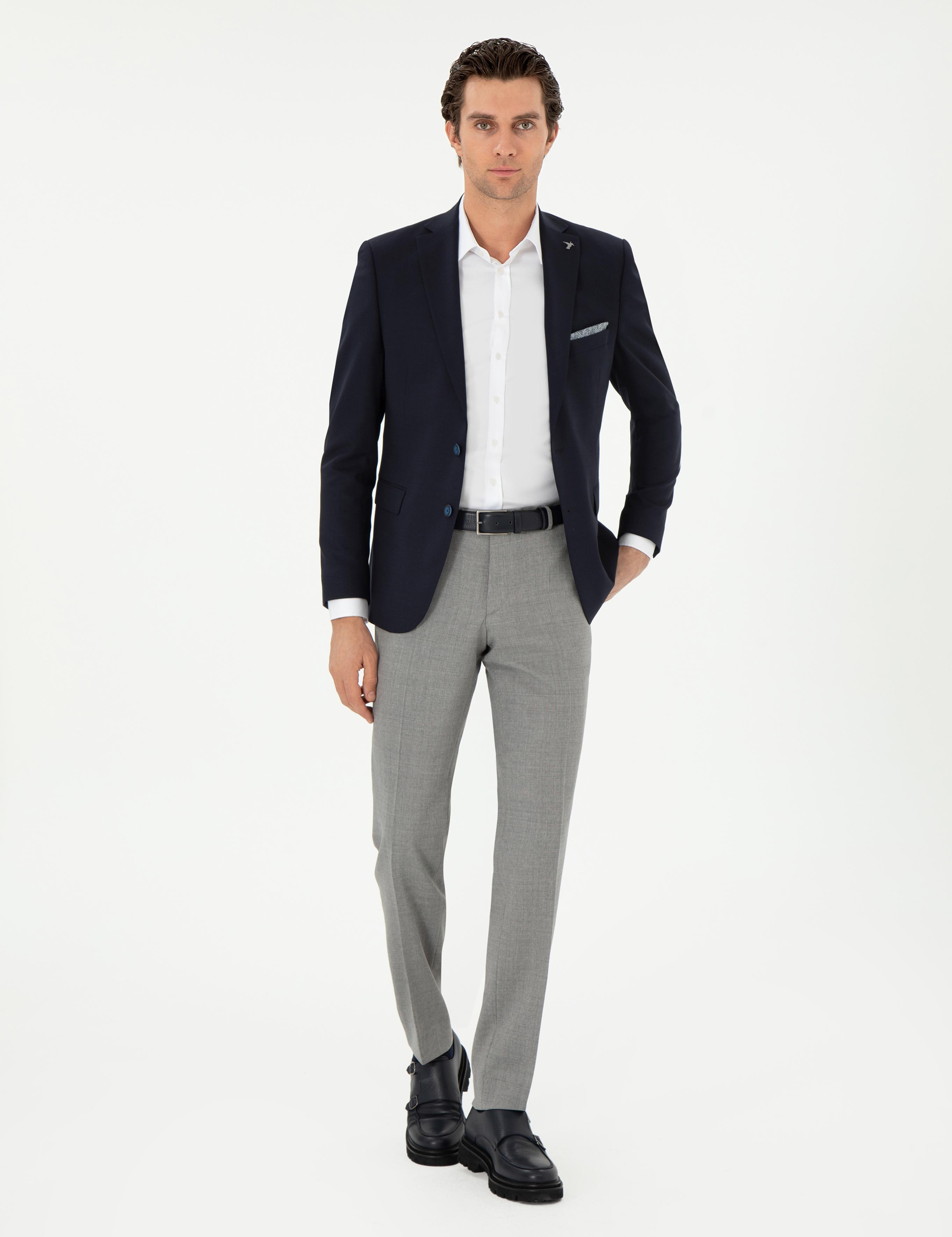 Gri Slim Fit Yün Klasik Pantolon - 50305818004