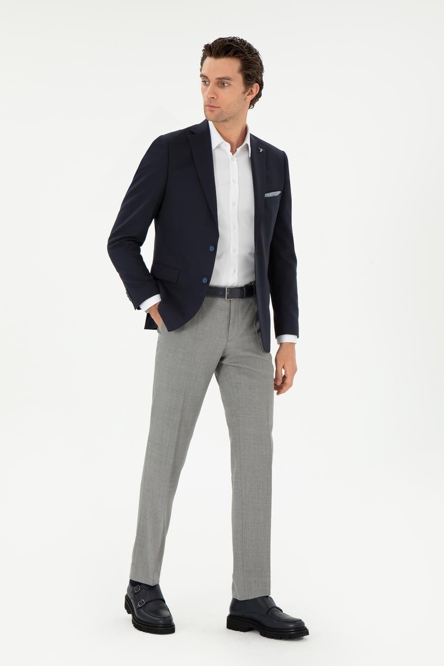 Gri Slim Fit Yün Klasik Pantolon - 50305818004