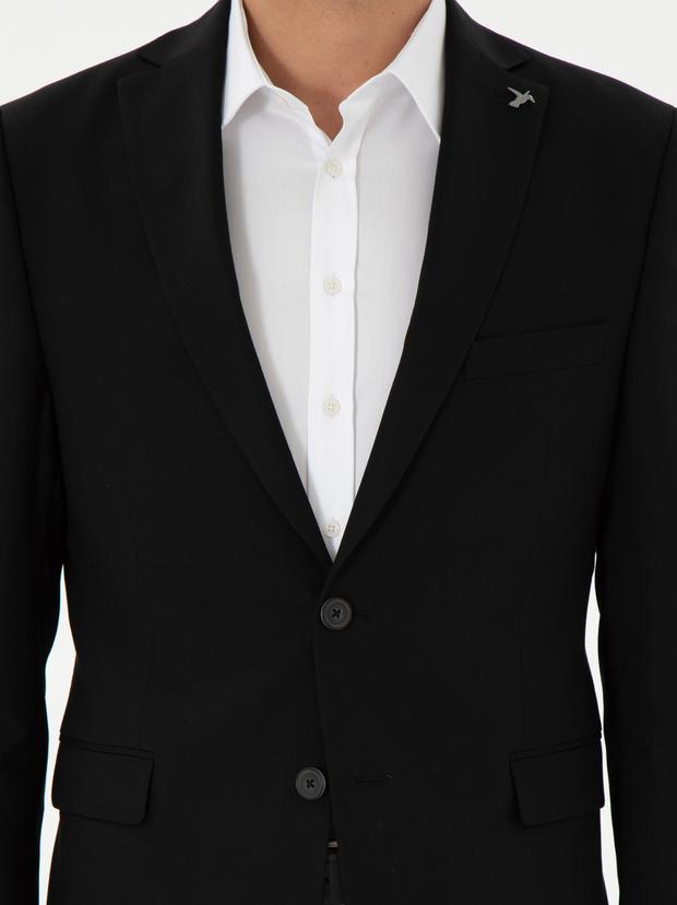 Siyah Slim Fit Yün Karışımlı Klasik Ceket