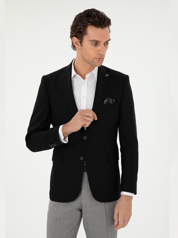 Siyah Slim Fit Yün Karışımlı Klasik Ceket