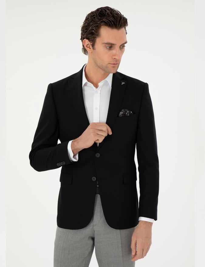 Siyah Slim Fit Yün Karışımlı Klasik Ceket