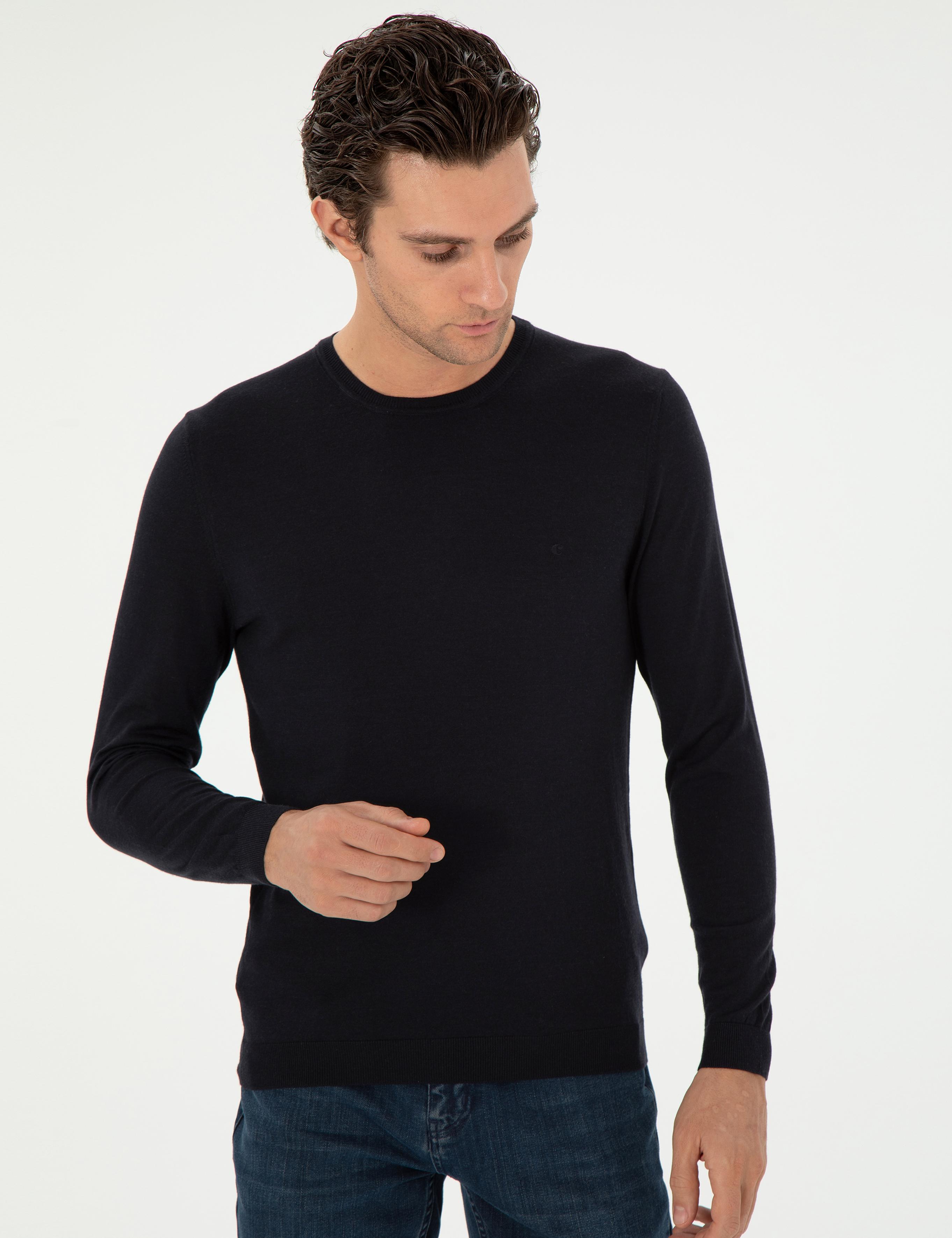 Lacivert Slim Fit Kaşmir İpek Karışımlı Bisiklet Yaka Triko Kazak - 50293273004