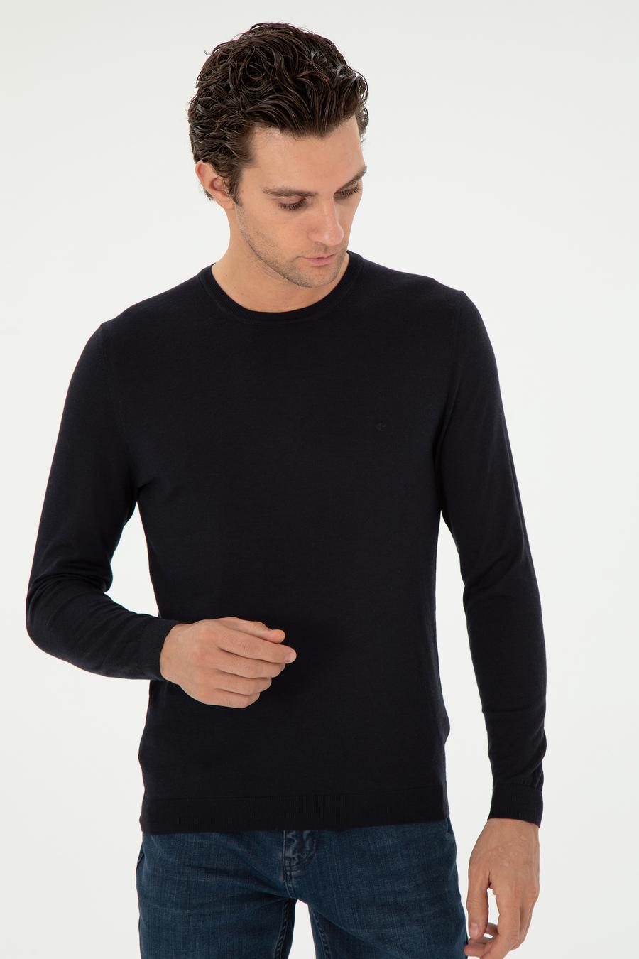 Lacivert Slim Fit Kaşmir İpek Karışımlı Bisiklet Yaka Triko Kazak - 50293273004