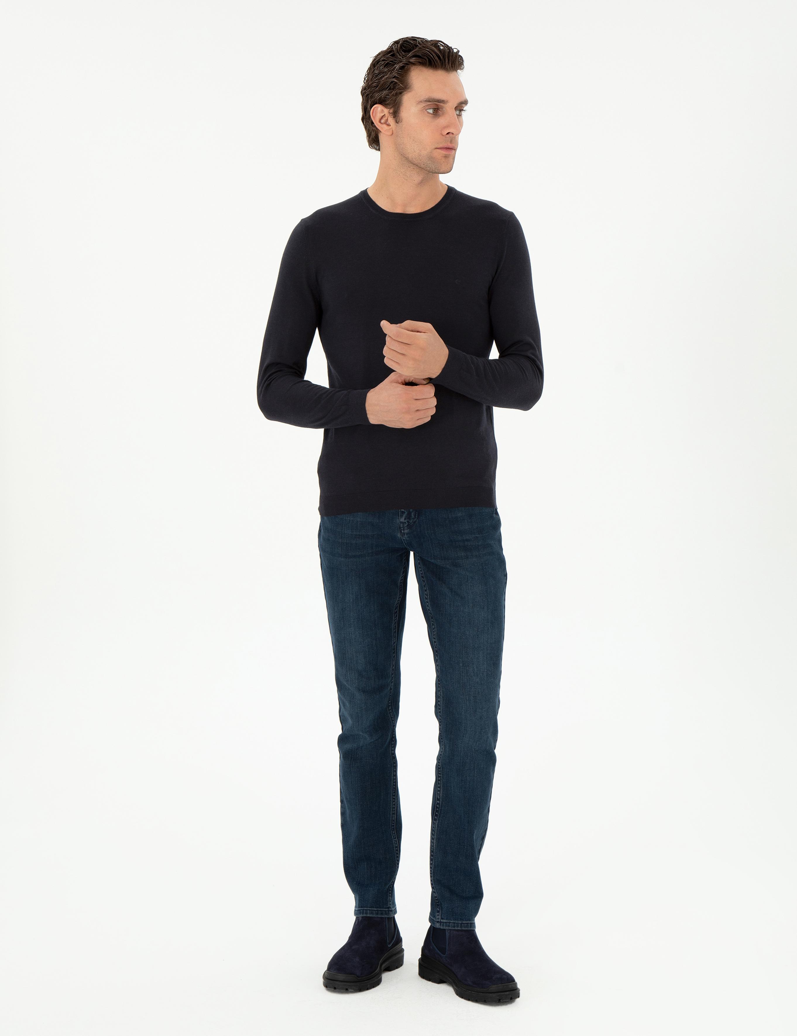 Lacivert Slim Fit Kaşmir İpek Karışımlı Bisiklet Yaka Triko Kazak - 50293273004