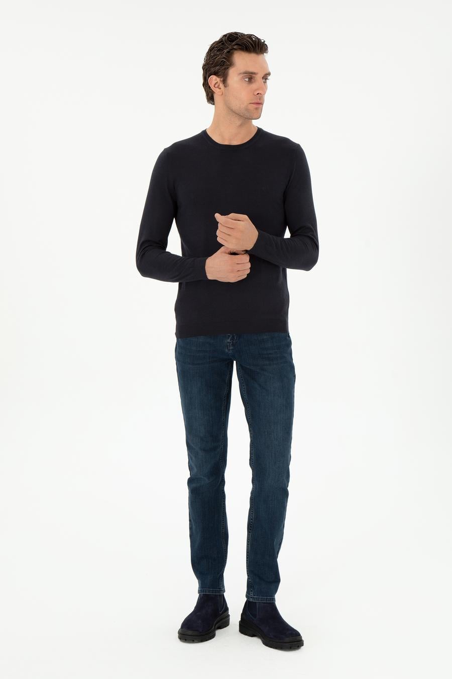 Lacivert Slim Fit Kaşmir İpek Karışımlı Bisiklet Yaka Triko Kazak - 50293273004