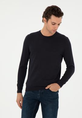 Lacivert Slim Fit Kaşmir İpek Karışımlı Bisiklet Yaka Triko Kazak