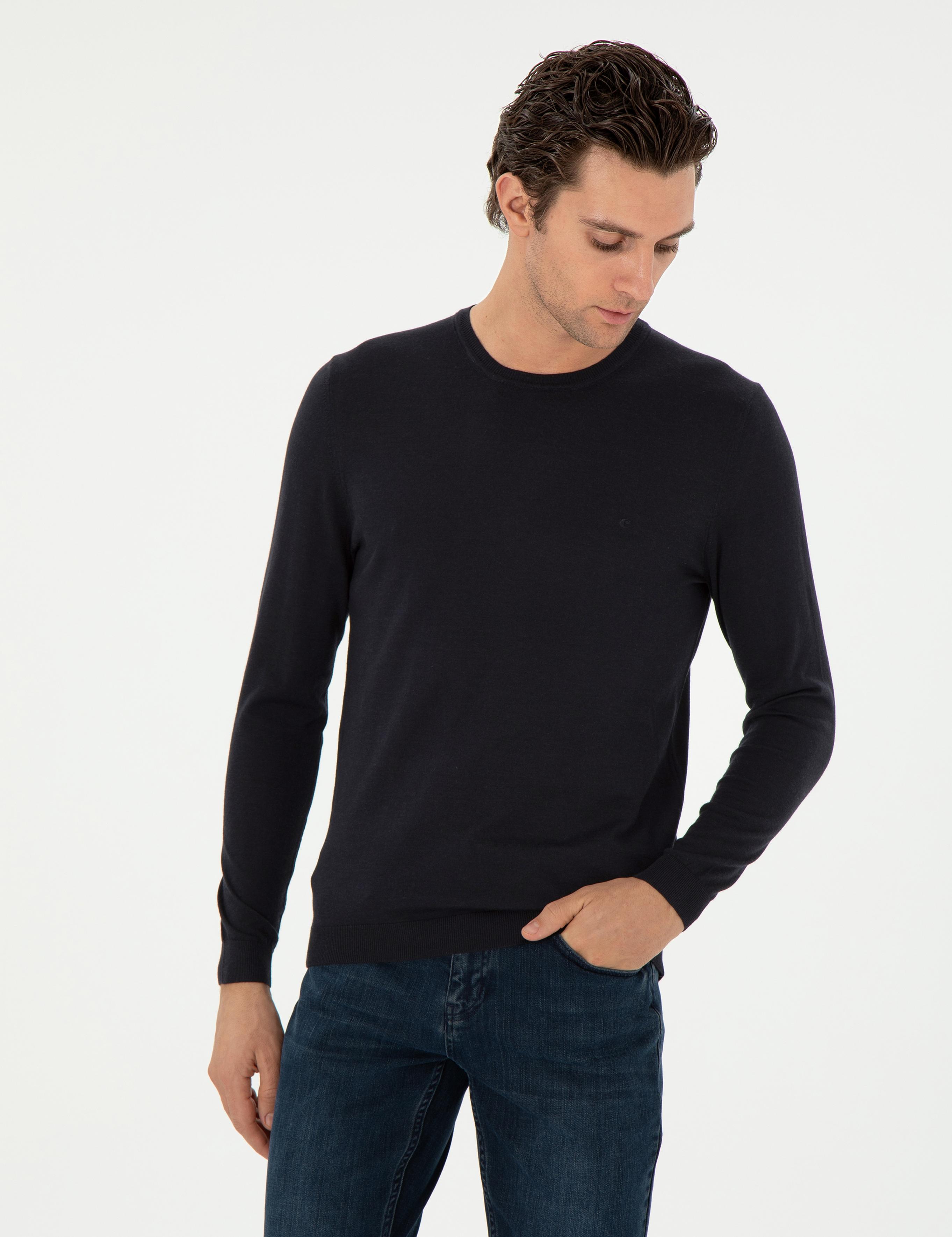 Lacivert Slim Fit Kaşmir İpek Karışımlı Bisiklet Yaka Triko Kazak - 50293273004